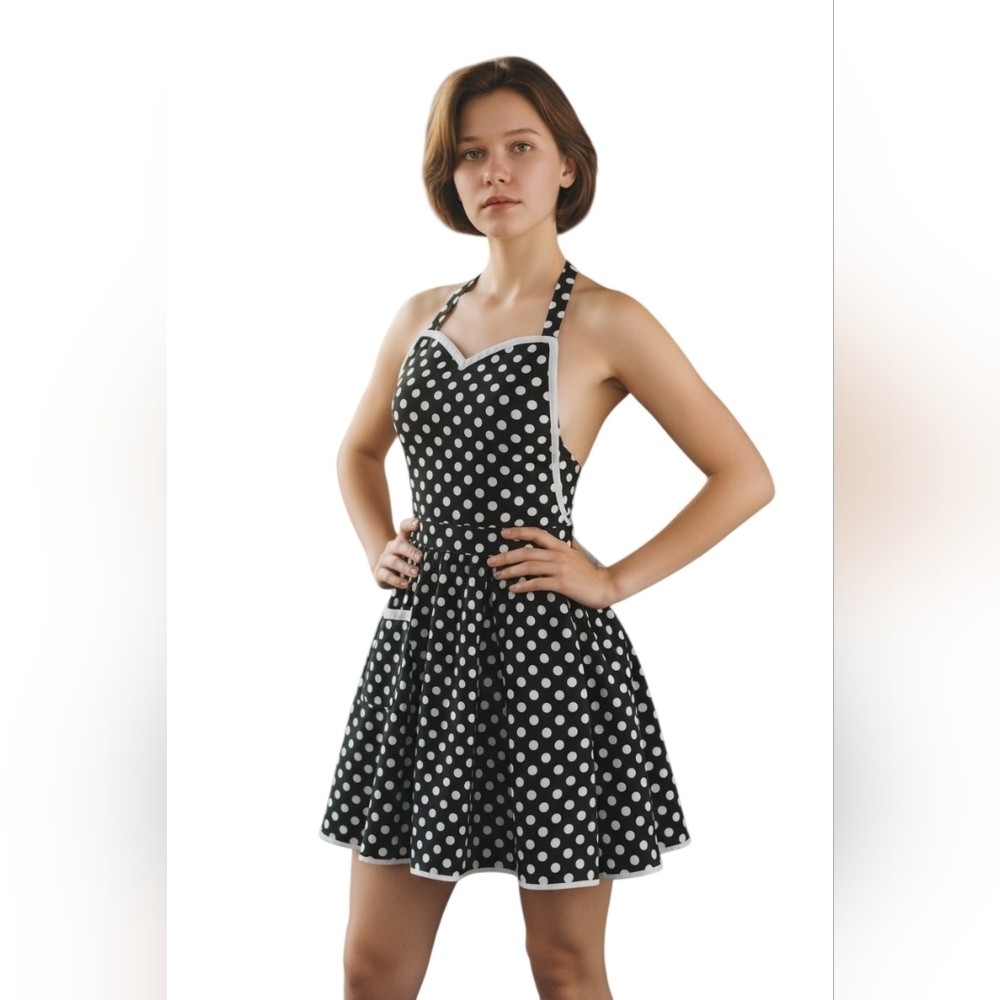 HYZRZ Polka Dot Apron with White Ties Sweetheart Neckline Pocket Adjustable